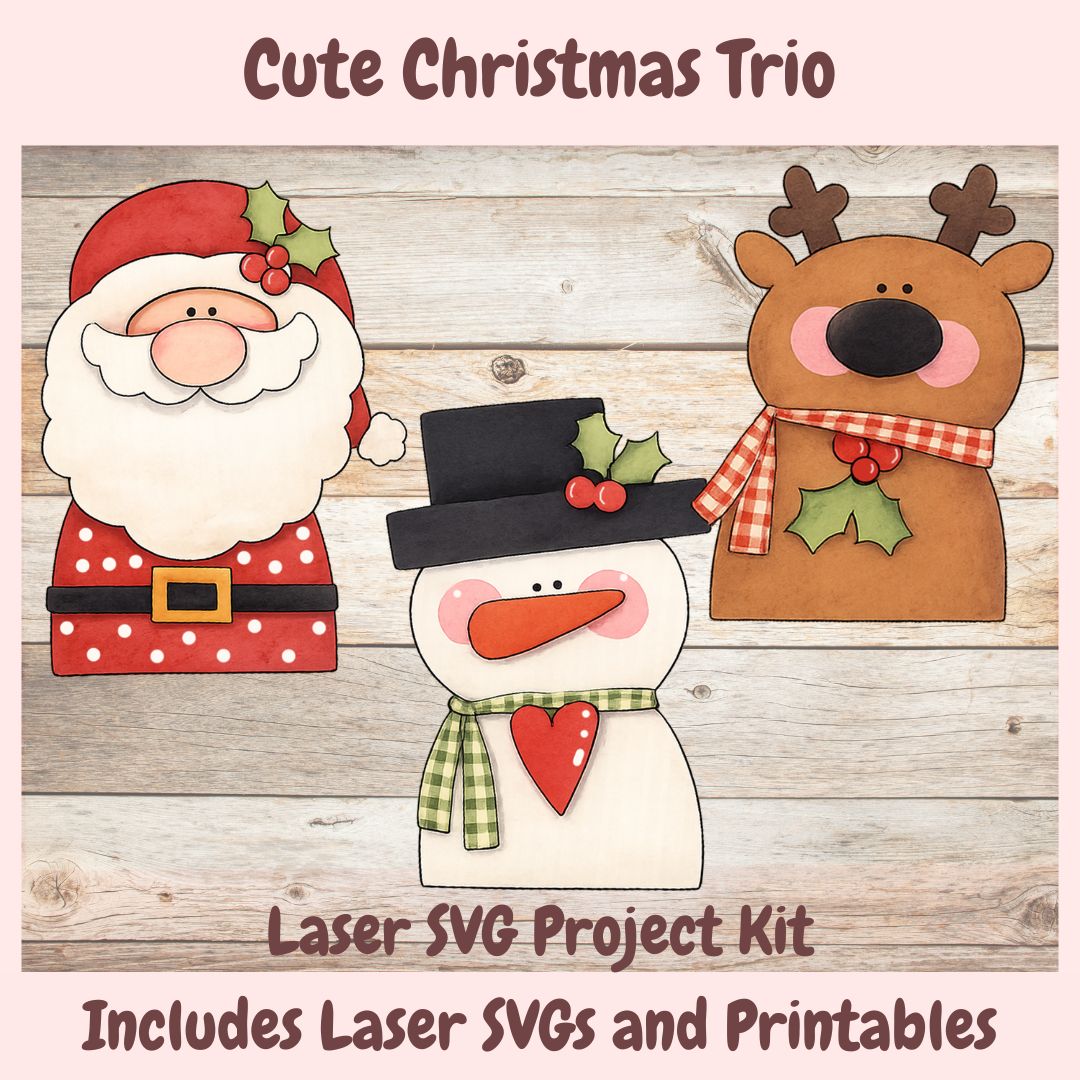 Promotional graphic for a Christmas-themed laser SVG project kit, featuring illustrated cutout designs of Santa Claus, a snowman, and a reindeer on a rustic wood background with text reading 'Cute Christmas Trio' and 'Laser SVG Project Kit Includes Laser SVGs and Printables'.