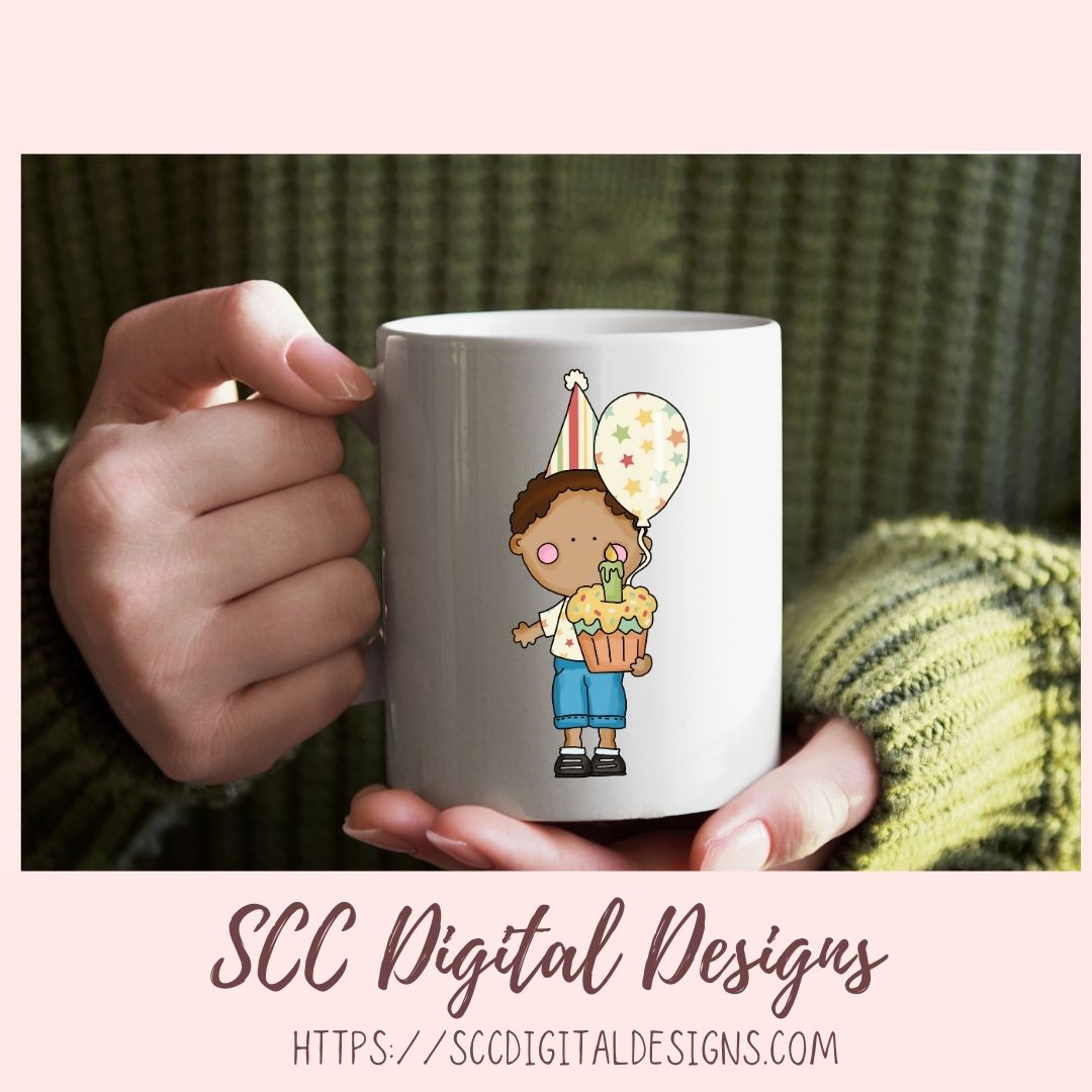 Cute Kids Birthday PNG, Diverse Boys & Girls With Balloons, Party Hats, Cupcakes Clipart, Clip Art for Paper Crafting and Scrapbooking