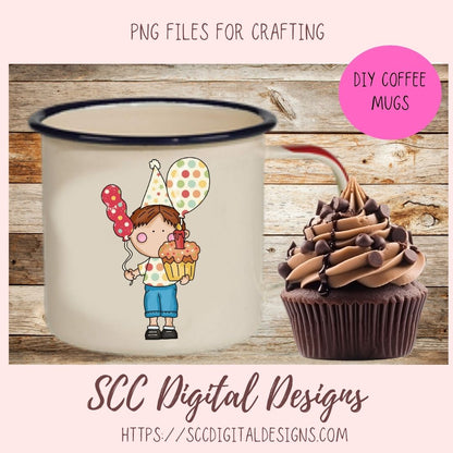Cute Kids Birthday PNG, Diverse Boys & Girls With Balloons, Party Hats, Cupcakes Clipart, Clip Art for Paper Crafting and Scrapbooking