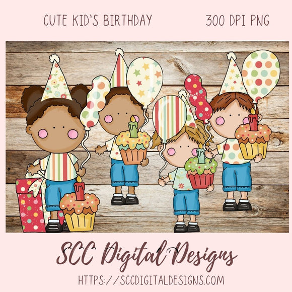 Cute Kids Birthday PNG, Diverse Boys & Girls With Balloons, Party Hats, Cupcakes Clipart, Clip Art for Paper Crafting and Scrapbooking