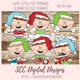 Cute Christmas Elf Clipart & Digital Stamps, Line Art PNG for Kids Coloring Pages, Christmas Cookies Clip Art for Sublimation for Stickers