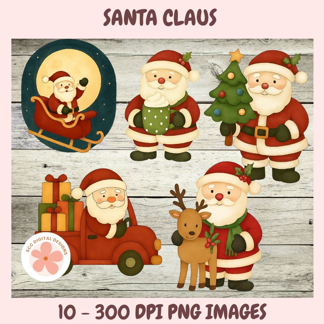 Christmas Santa Clipart PNG, Santa Clipart Bundle, Santa's Sleigh, Reindeer, Christmas Trees, Snowman Woodland Holiday Animals Clipart