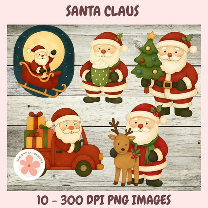 Christmas Santa Clipart PNG, Santa Clipart Bundle, Santa's Sleigh, Reindeer, Christmas Trees, Snowman Woodland Holiday Animals Clipart