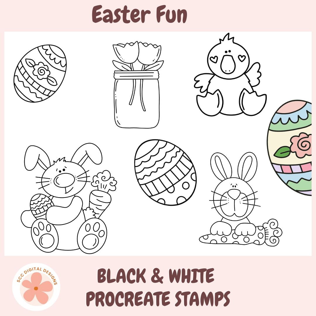 Set of black and white Easter-themed Procreate stamps on a pink background with 'Easter Fun' text.