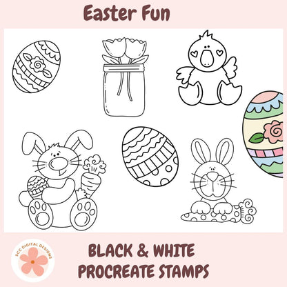 Set of black and white Easter-themed Procreate stamps on a pink background with 'Easter Fun' text.