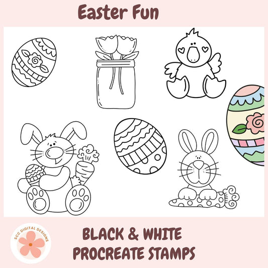 Set of black and white Easter-themed Procreate stamps on a pink background with 'Easter Fun' text.