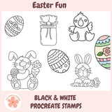 Set of black and white Easter-themed Procreate stamps on a pink background with 'Easter Fun' text.