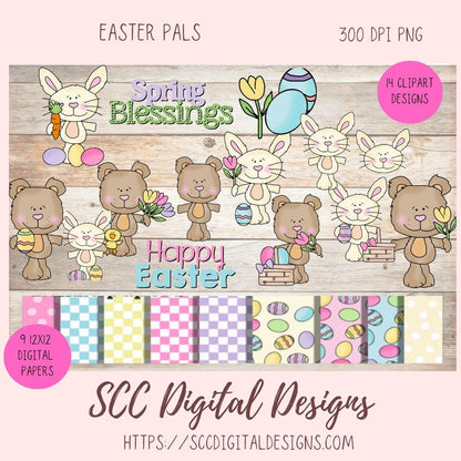 Easter Pals Digital Clipart and Digi Stamps, Wordart Bunnies Whimsical Bear Colored Eggs, Spring Flowers PNGS for Sublimation, Background Papers