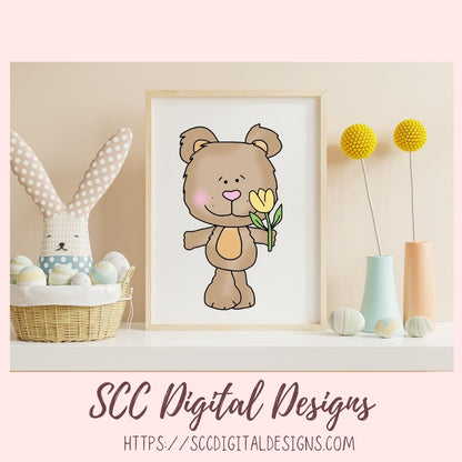 Easter Pals Digital Clipart & Digi Stamps, Bunny, Whimsical Bear, Colored Eggs, Spring Flowers PNGS for Sublimation, Background Papers