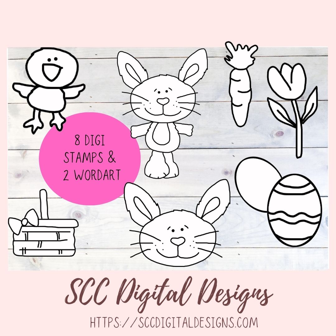Easter Pals Digital Clipart and Digi Stamps, Wordart Bunnies Whimsical Bear Colored Eggs, Spring Flowers PNGS for Sublimation, Background Papers