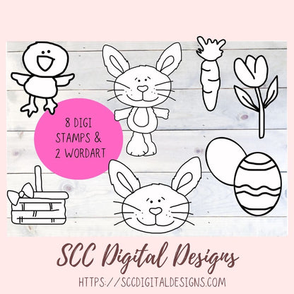Easter Pals Digital Clipart and Digi Stamps, Wordart Bunnies Whimsical Bear Colored Eggs, Spring Flowers PNGS for Sublimation, Background Papers