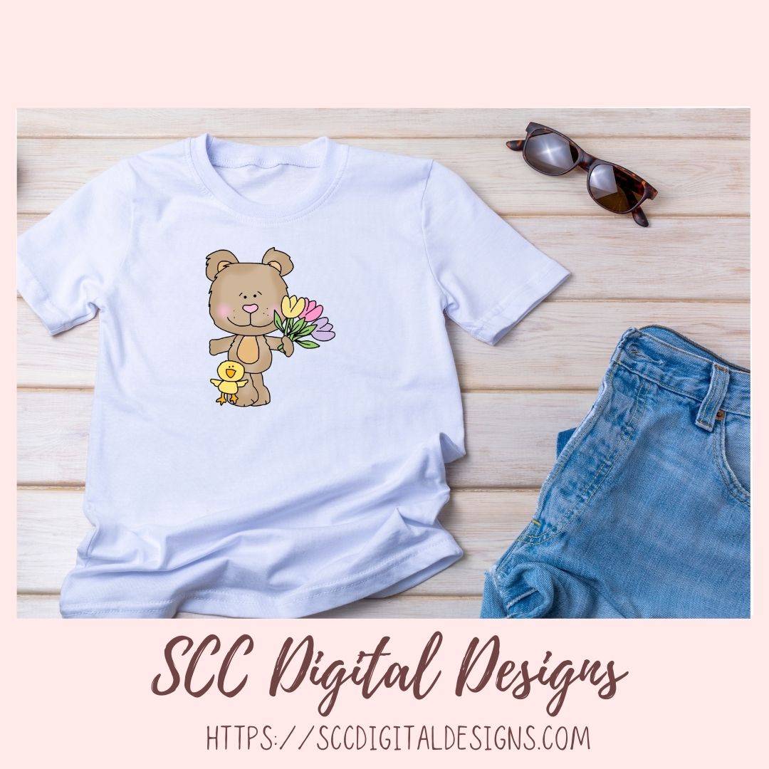Easter Pals Digital Clipart and Digi Stamps, Wordart Bunnies Whimsical Bear Colored Eggs, Spring Flowers PNGS for Sublimation, Background Papers