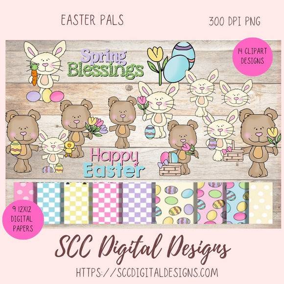 Easter Pals Digital Clipart and Digi Stamps, Wordart Bunnies Whimsical Bear Colored Eggs, Spring Flowers PNGS for Sublimation, Background Papers