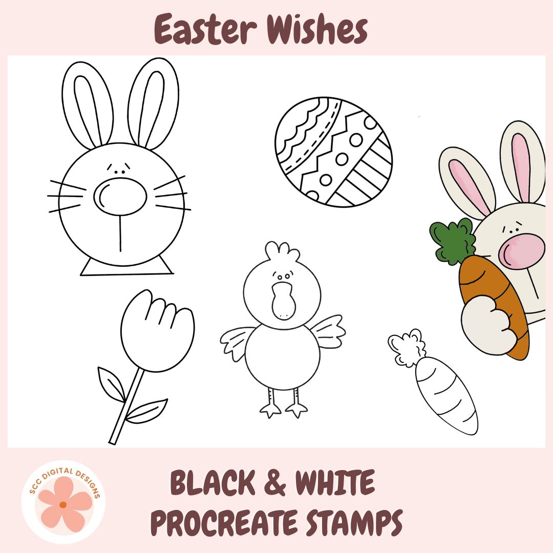 Set of Easter-themed black and white procreate stamps on a pink background with 'Easter Wishes' text.