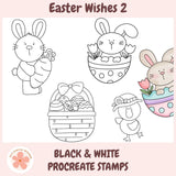Set of Easter-themed digital stamps for coloring with black and white outlines on a pink background.