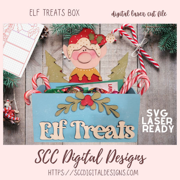 Elf Treat Box SVG Laser Ready Design, 3D Elf with Box, Holly & Berries, Wordart Digital Design for Laser Cutting Machines, Instant Download Commercial Use Woodworking Pattern