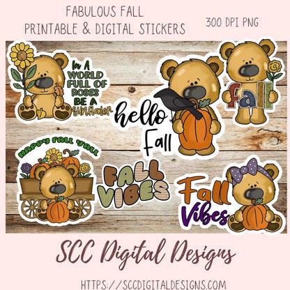A digital sticker set preview for fall-themed printable and digital stickers, featuring cartoon teddy bears with pumpkins, flowers, and seasonal phrases like 'hello fall' and 'Fall Vibes' on a rustic wood background. Text at the top reads 'Fabulous Fall Printable & Digital Stickers' and '300 DPI PNG,' with 'SCC Digital Designs' and a website shown at the bottom.