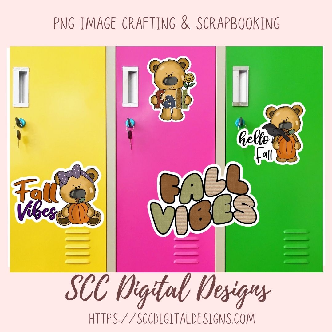 Digital preview of three autumn-themed locker decals on yellow, pink, and green lockers, with a teddy bear and 'Fall Vibes' text. Text at top reads 'PNG IMAGE CRAFTING & SCRAPBOOKING' and 'SCC Digital Designs' with a website at the bottom.