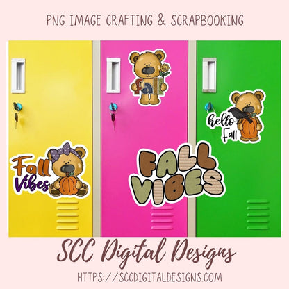Digital preview of three autumn-themed locker decals on yellow, pink, and green lockers, with a teddy bear and 'Fall Vibes' text. Text at top reads 'PNG IMAGE CRAFTING & SCRAPBOOKING' and 'SCC Digital Designs' with a website at the bottom.