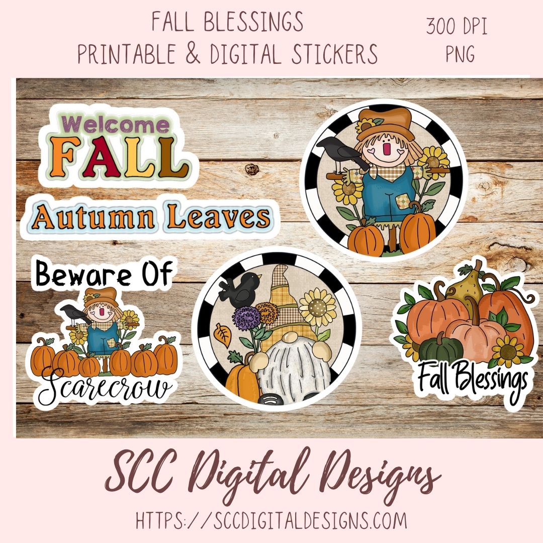 Digital printable fall-themed stickers shown on a rustic wood background with a pink border. The designs include a 'Welcome FALL' sign, 'Autumn Leaves' text, a 'Beware Of Scarecrow' warning label, and a 'Fall Blessings' pumpkin cluster.