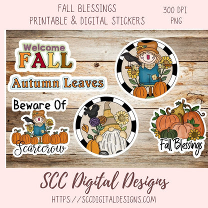 Digital printable fall-themed stickers shown on a rustic wood background with a pink border. The designs include a 'Welcome FALL' sign, 'Autumn Leaves' text, a 'Beware Of Scarecrow' warning label, and a 'Fall Blessings' pumpkin cluster.