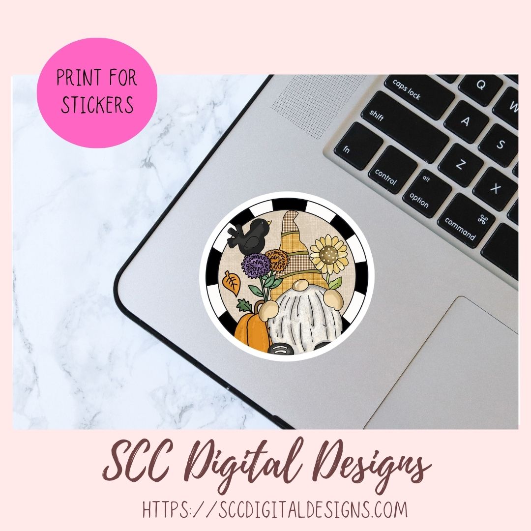 A circular sticker design shown on a laptop trackpad, with a pink badge reading 'PRINT FOR STICKERS' and the text 'SCC Digital Designs' at the bottom. The sticker features a gnome with a plaid hat, flowers, and a black-and-white checkered border.