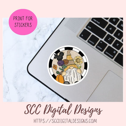 A circular sticker design shown on a laptop trackpad, with a pink badge reading 'PRINT FOR STICKERS' and the text 'SCC Digital Designs' at the bottom. The sticker features a gnome with a plaid hat, flowers, and a black-and-white checkered border.