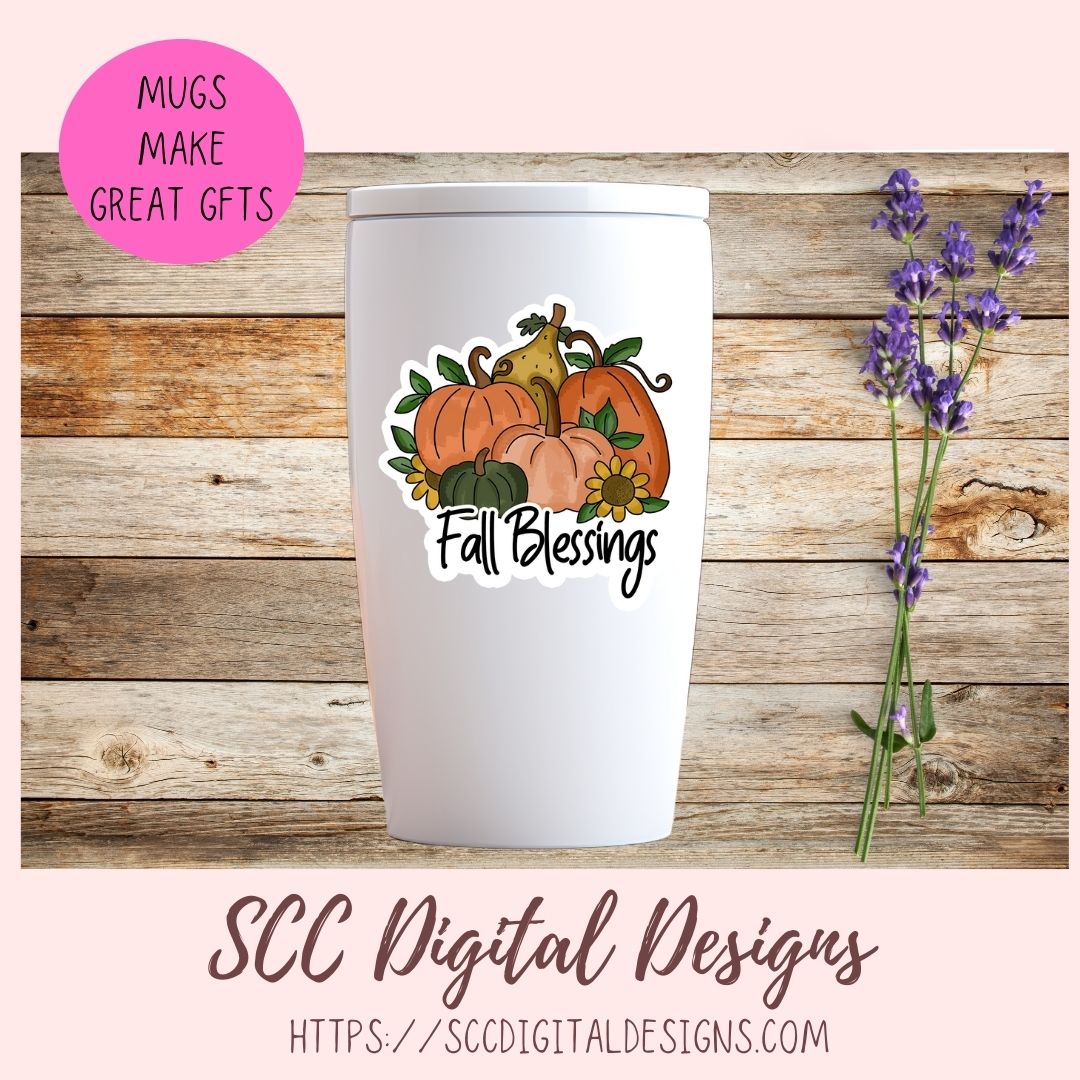 A white insulated tumbler with a lid, featuring a fall-themed graphic of pumpkins, gourds, a pear, and the words 'Fall Blessings' in script. The tumbler is centered on a rustic wood plank background with purple flowers on the right and a pink circular badge reading 'MUGS MAKE GREAT GFTS' on the upper left.