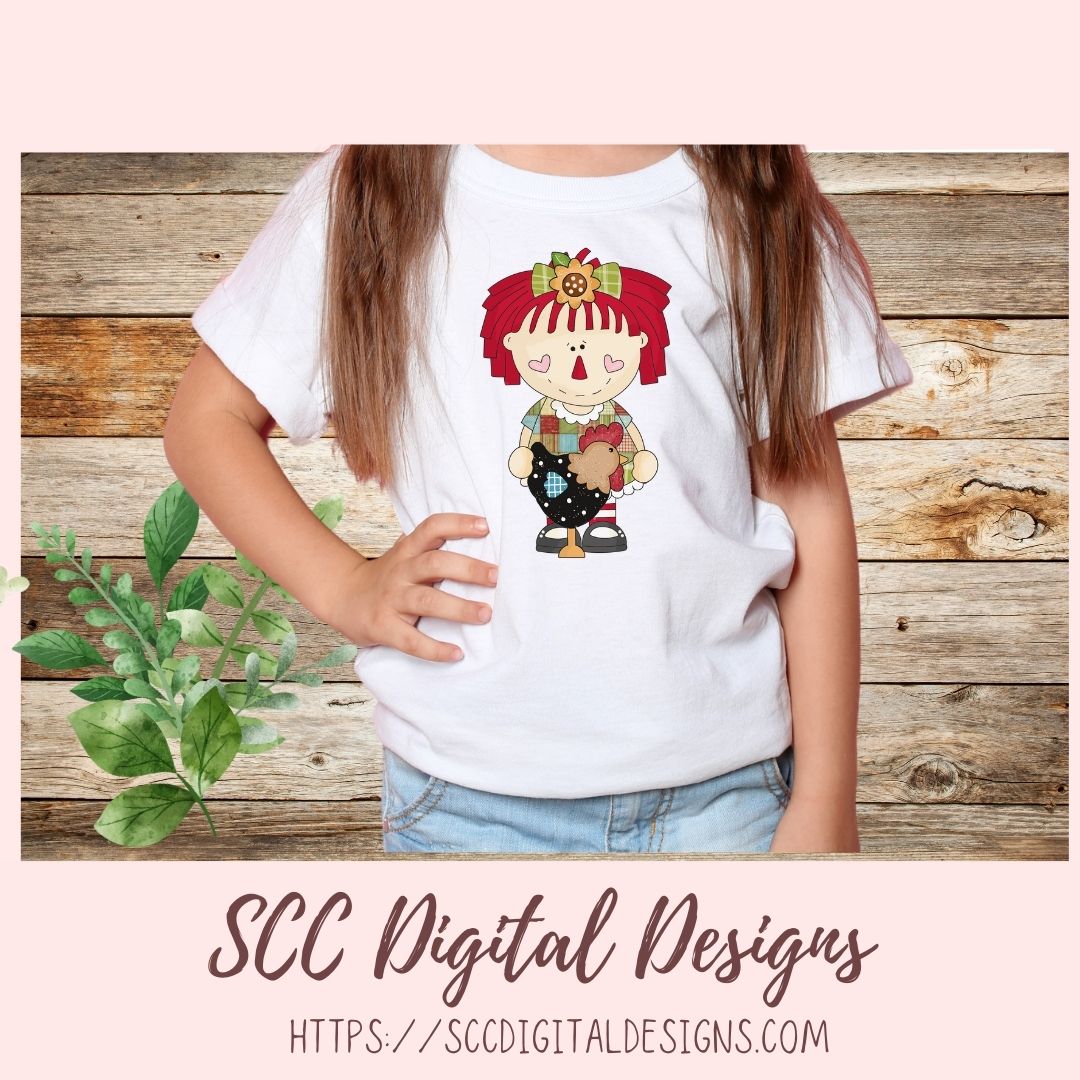 Annie Clipart Digital Download Primitive Doll Clip Art for Stickers for Women and Kids Farm Animal Lover Chickens Cow Pig Sunflowers Flowers