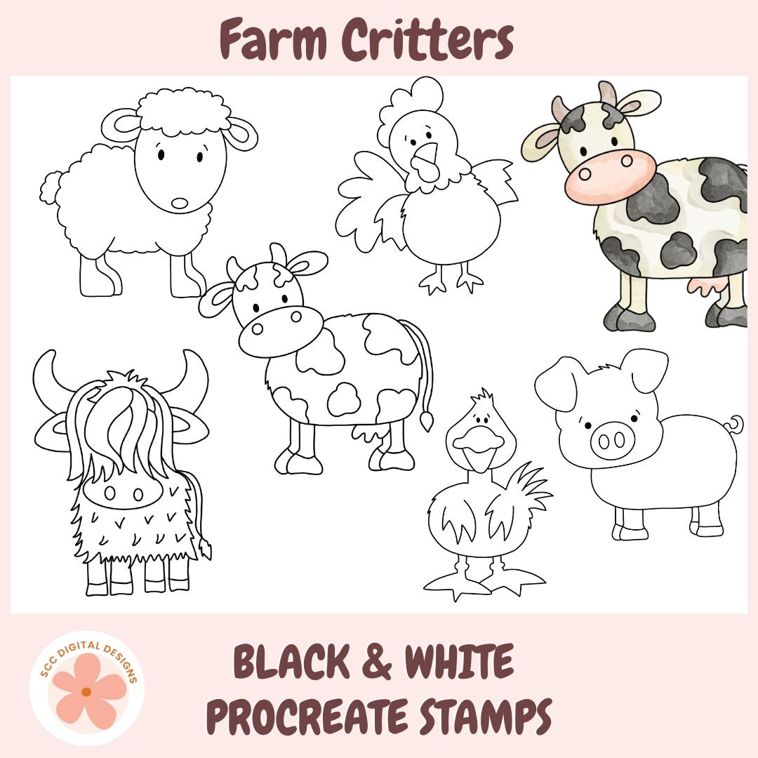 Set of black and white farm animal illustrations with 'Farm Critters' text on a pink background.