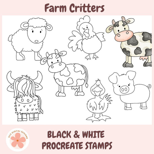 Set of black and white farm animal illustrations with 'Farm Critters' text on a pink background.