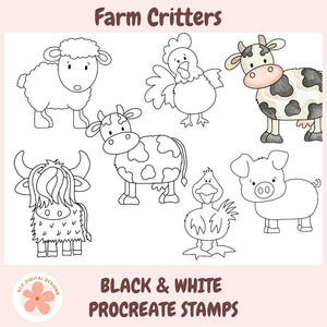 Set of black and white farm animal illustrations with 'Farm Critters' text on a pink background.