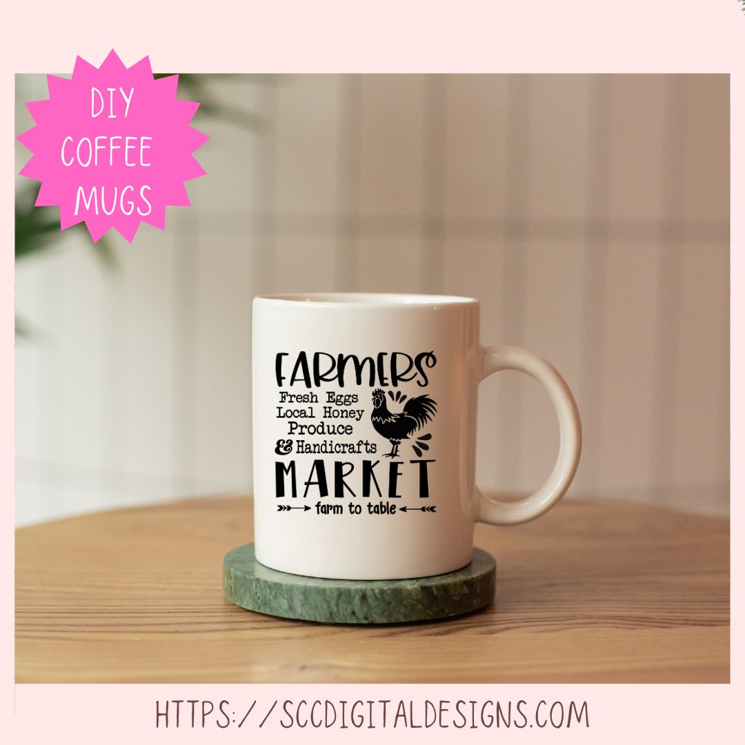 White mug with black text and rooster design on a wooden surface, with a pink 'DIY Coffee Mugs' label.