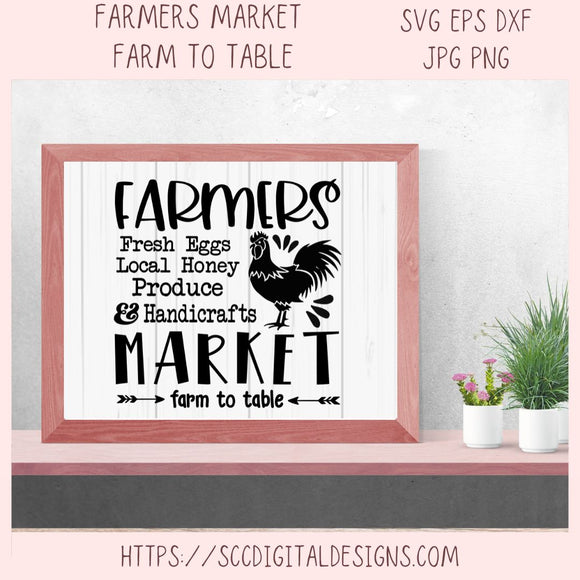 Framed sign with 'Farmers Market' text and rooster illustration on a light gray background.