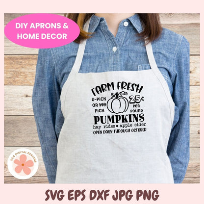 Person wearing a white apron with pumpkin-themed text on a wooden background