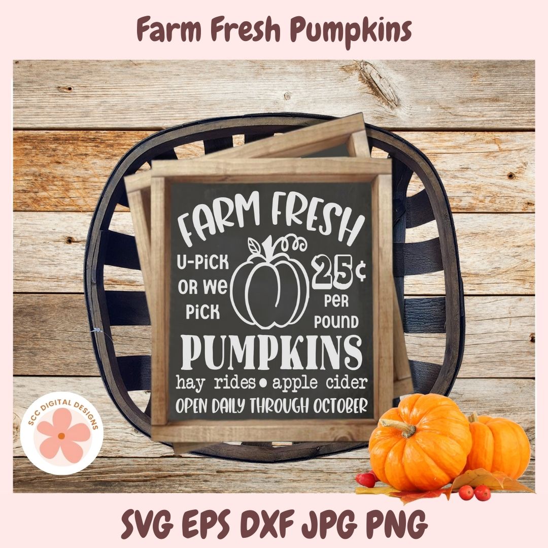 Farm Fresh Pumpkins sign with pumpkins on a wooden background