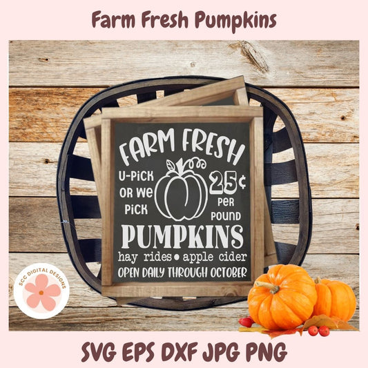 Farm Fresh Pumpkins sign with pumpkins on a wooden background