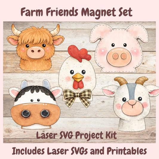 Farm animal-themed magnet set with cow, chicken, pig, and goat on a wooden background, labeled as a laser SVG project kit.