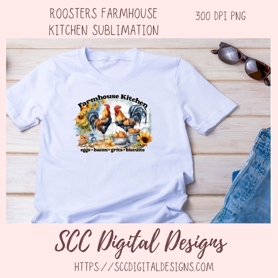 Farmhouse Kitchen PNG, Sublimation Rooster Clip Art for Home Decor, Eggs Bacon Grits Biscuits Clipart for Mugs for Women, DIY Wall Art