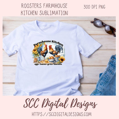 Farmhouse Kitchen PNG, Sublimation Rooster Clip Art for Home Decor, Eggs Bacon Grits Biscuits Clipart for Mugs for Women, DIY Wall Art