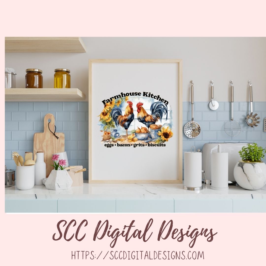 Farmhouse Kitchen PNG, Sublimation Rooster Clip Art for Home Decor, Eggs Bacon Grits Biscuits Clipart for Mugs for Women, DIY Wall Art