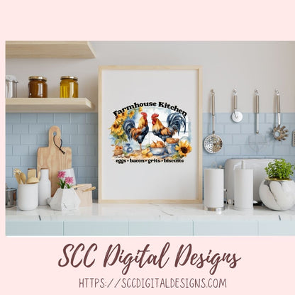 Farmhouse Kitchen PNG, Sublimation Rooster Clip Art for Home Decor, Eggs Bacon Grits Biscuits Clipart for Mugs for Women, DIY Wall Art