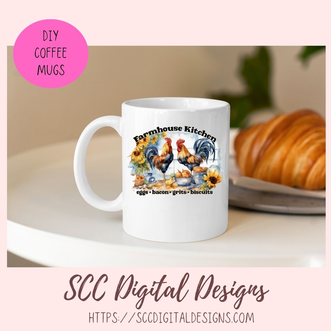 Farmhouse Kitchen PNG, Sublimation Rooster Clip Art for Home Decor, Eggs Bacon Grits Biscuits Clipart for Mugs for Women, DIY Wall Art