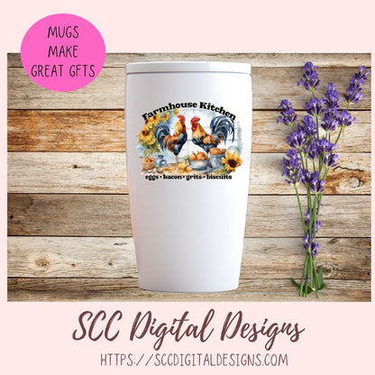 Farmhouse Kitchen PNG, Sublimation Rooster Clip Art for Home Decor, Eggs Bacon Grits Biscuits Clipart for Mugs for Women, DIY Wall Art
