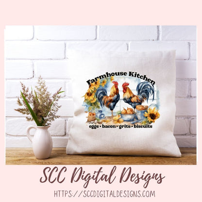 Farmhouse Kitchen PNG, Sublimation Rooster Clip Art for Home Decor, Eggs Bacon Grits Biscuits Clipart for Mugs for Women, DIY Wall Art