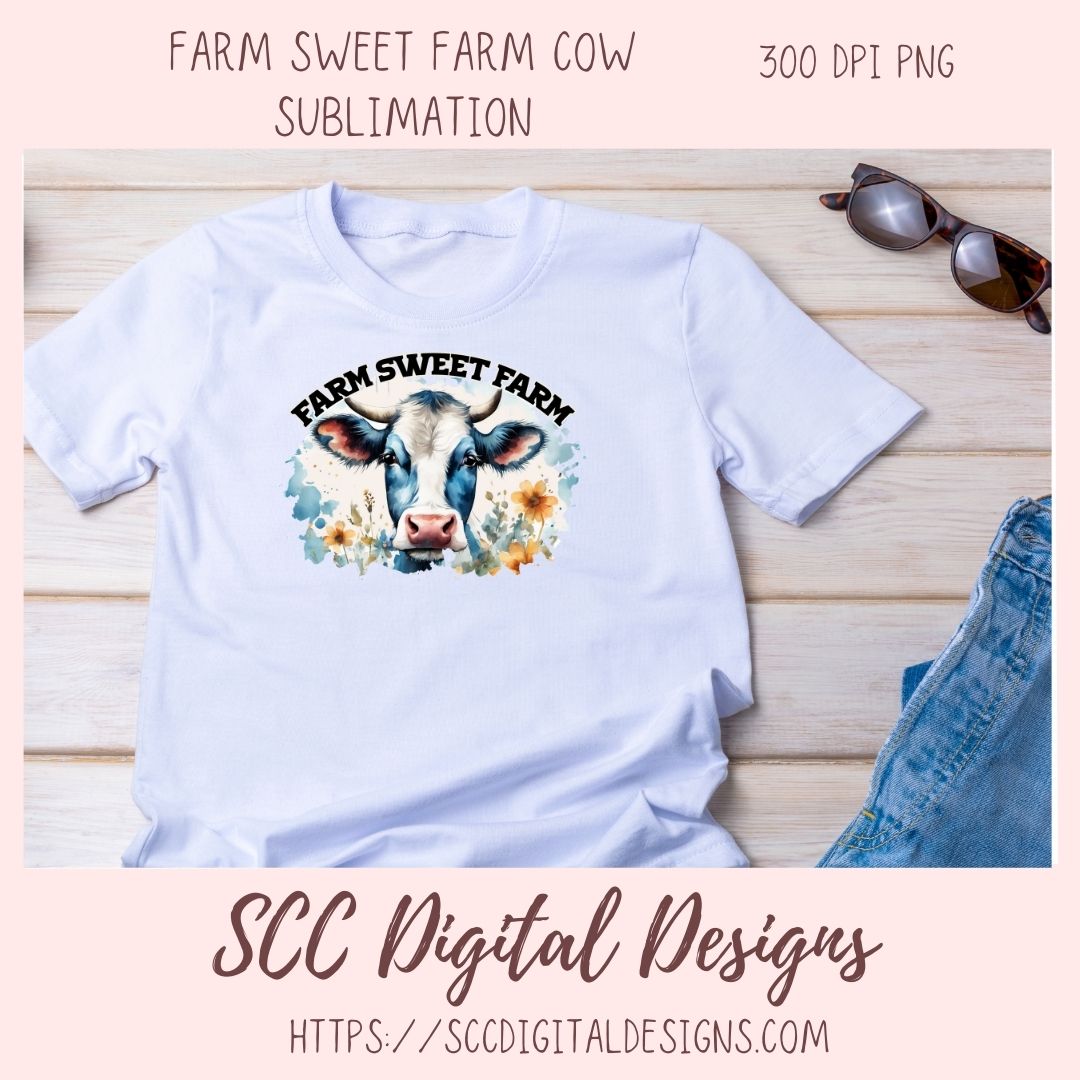Farm Sweet Farm PNG Sublimation Black and White Cow with Wildflowers Clip Art for Home Decor Clipart for Mugs for Women DIY Wall Art for Mom