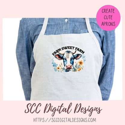 Farm Sweet Farm PNG Sublimation Black and White Cow with Wildflowers Clip Art for Home Decor Clipart for Mugs for Women DIY Wall Art for Mom