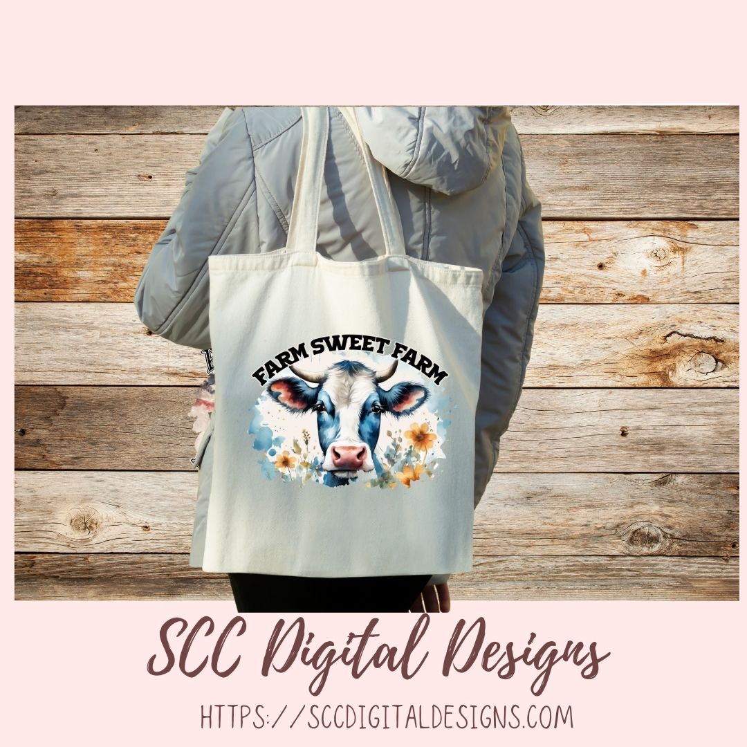 Farm Sweet Farm PNG Sublimation Black and White Cow with Wildflowers Clip Art for Home Decor Clipart for Mugs for Women DIY Wall Art for Mom