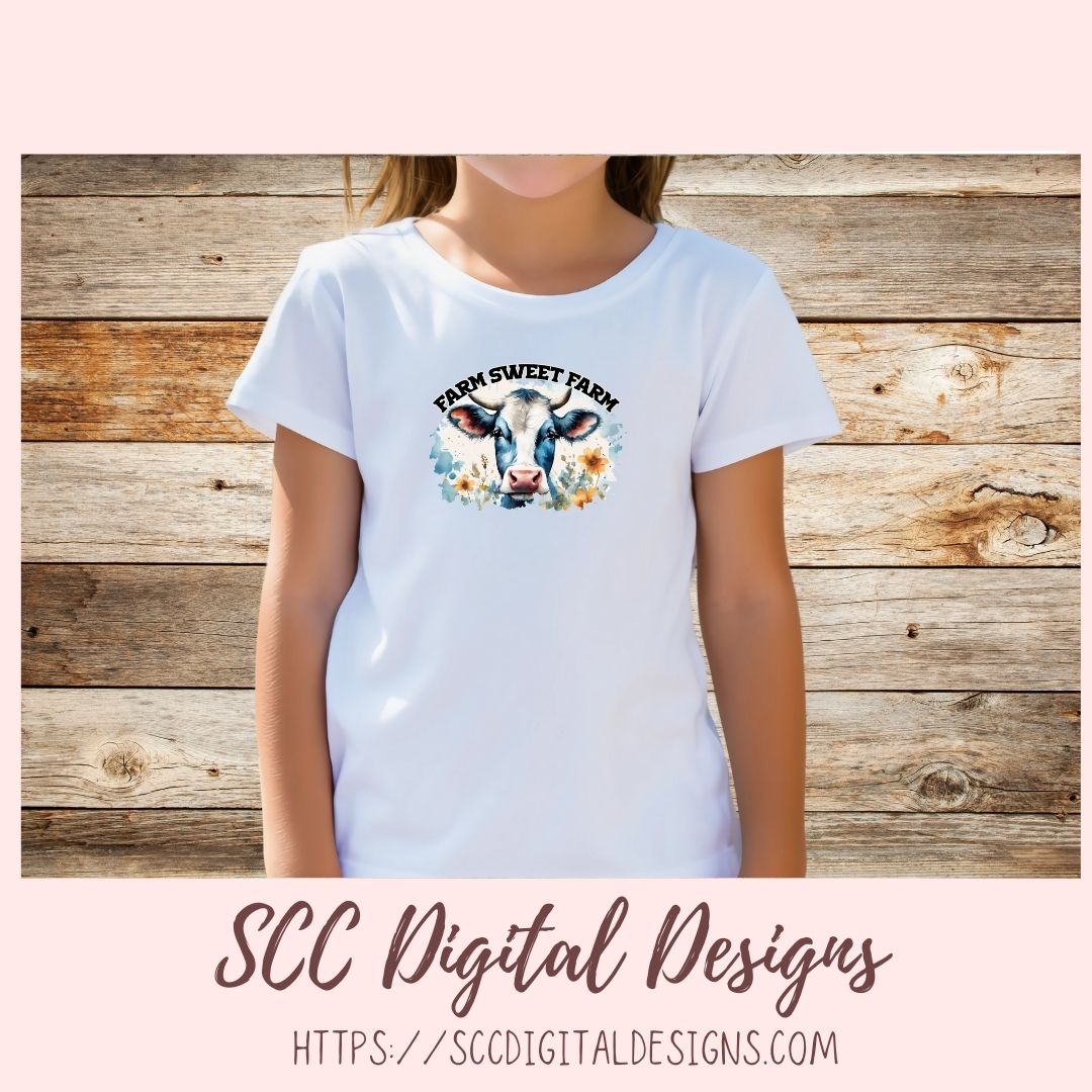 Farm Sweet Farm PNG Sublimation Black and White Cow with Wildflowers Clip Art for Home Decor Clipart for Mugs for Women DIY Wall Art for Mom