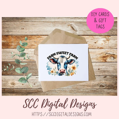 Farm Sweet Farm PNG Sublimation Black and White Cow with Wildflowers Clip Art for Home Decor Clipart for Mugs for Women DIY Wall Art for Mom